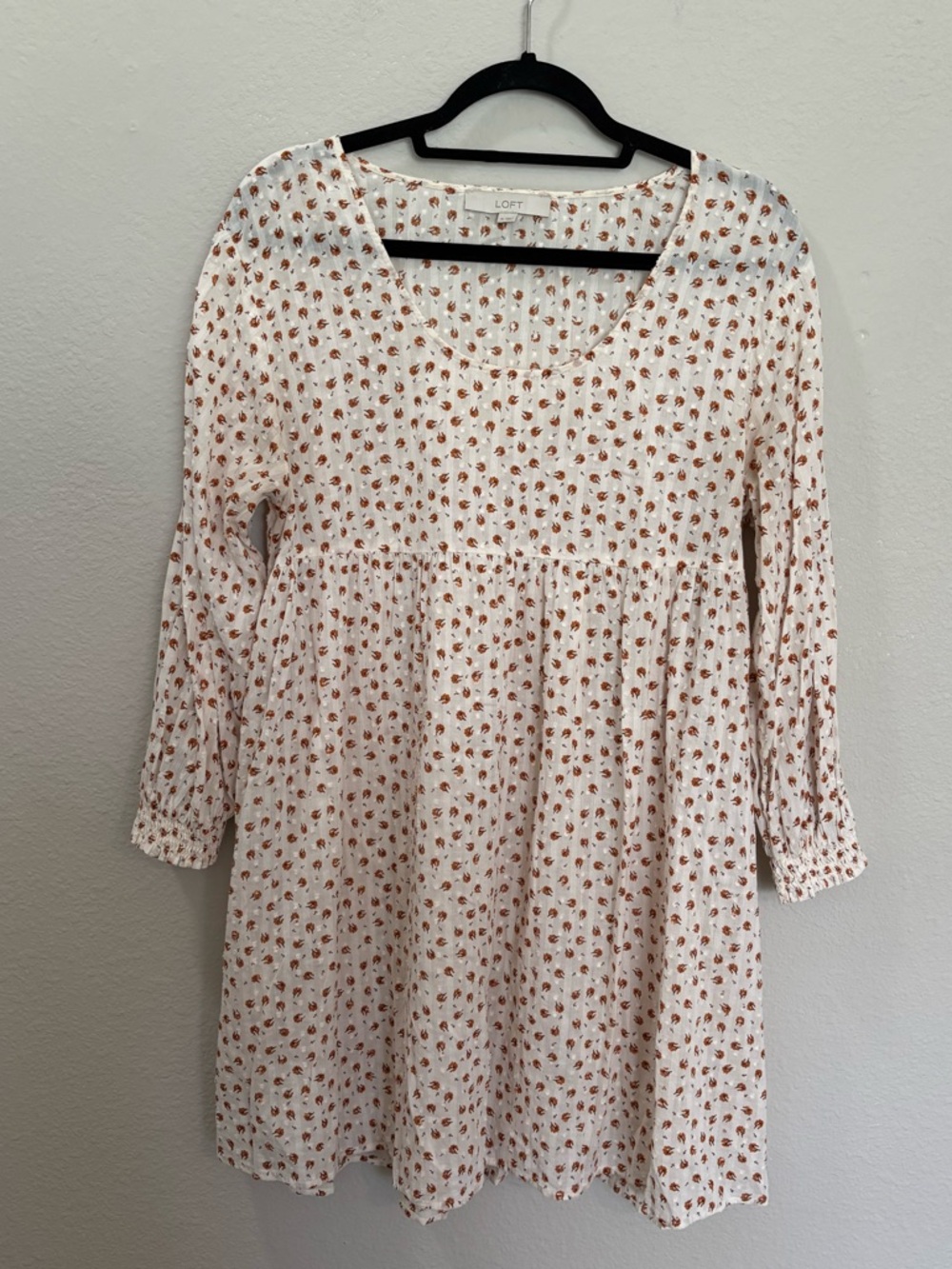 LOFT Floral 3/4 Sleeve Swiss Dot Babydoll Dress Size Medium